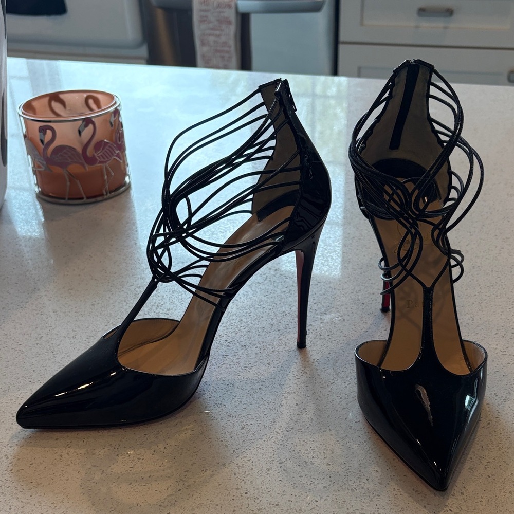 Christian Louboutin Black Patent Strappy Pointed-Toe Stilettos with Red Soles